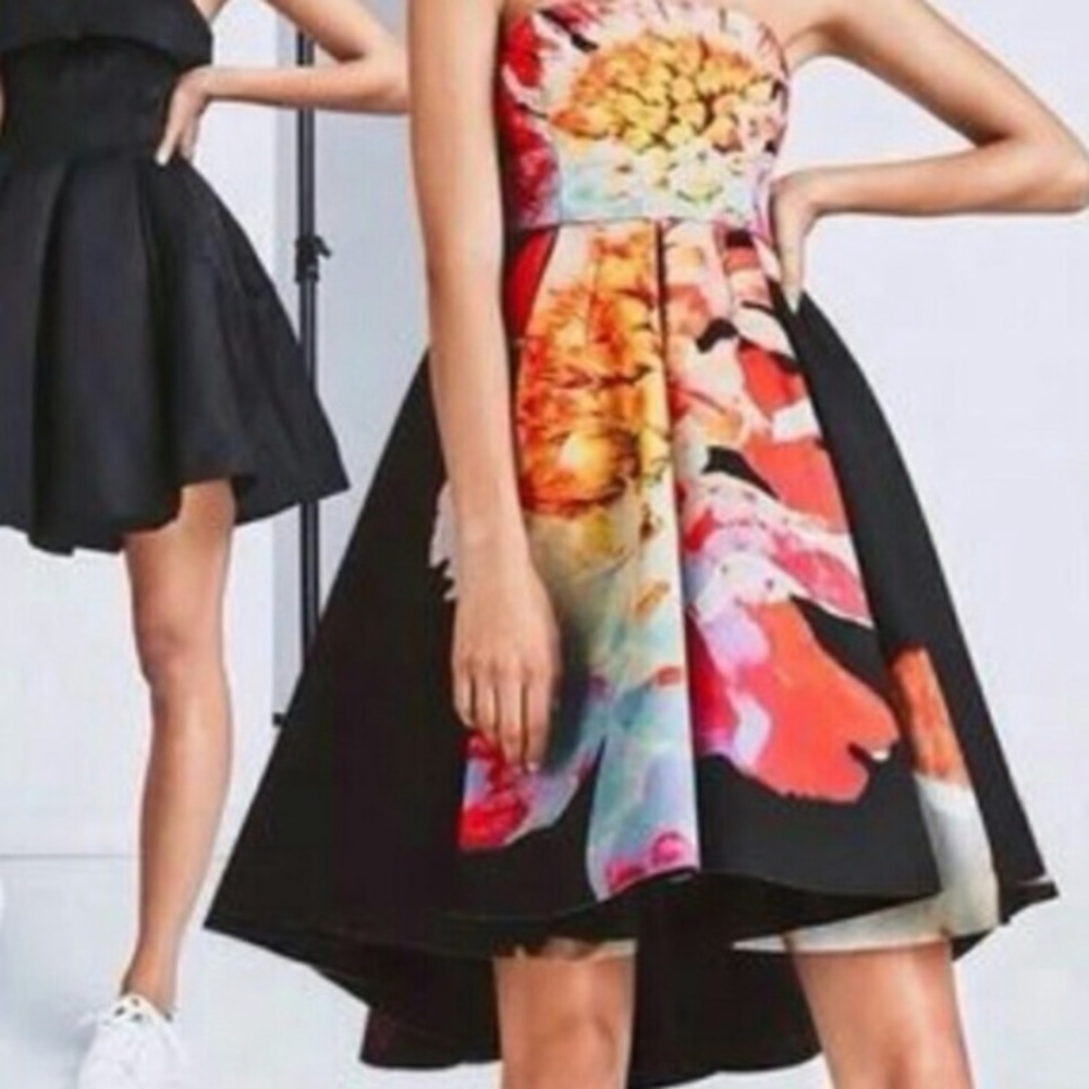 H&M strapless scuba floral high-low flare dress